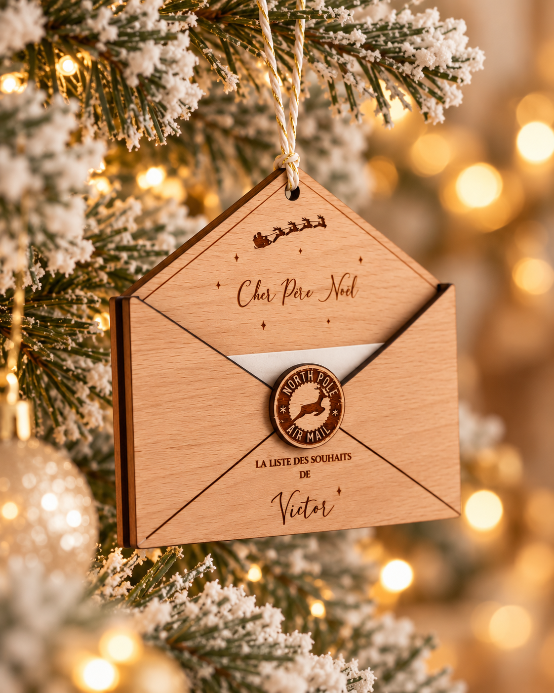 Décoration de Sapin "Lettre au Père Noël" en Bois Gravé Atelier MFK