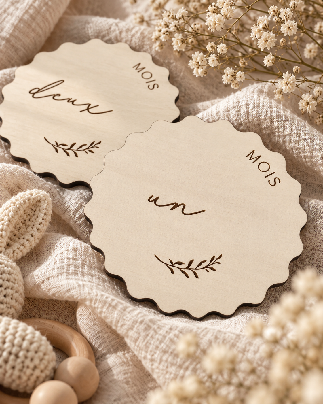 Cartes Étapes Bébé "Waves" 12 Mois en Bois – Souvenir Naissance Atelier MFK