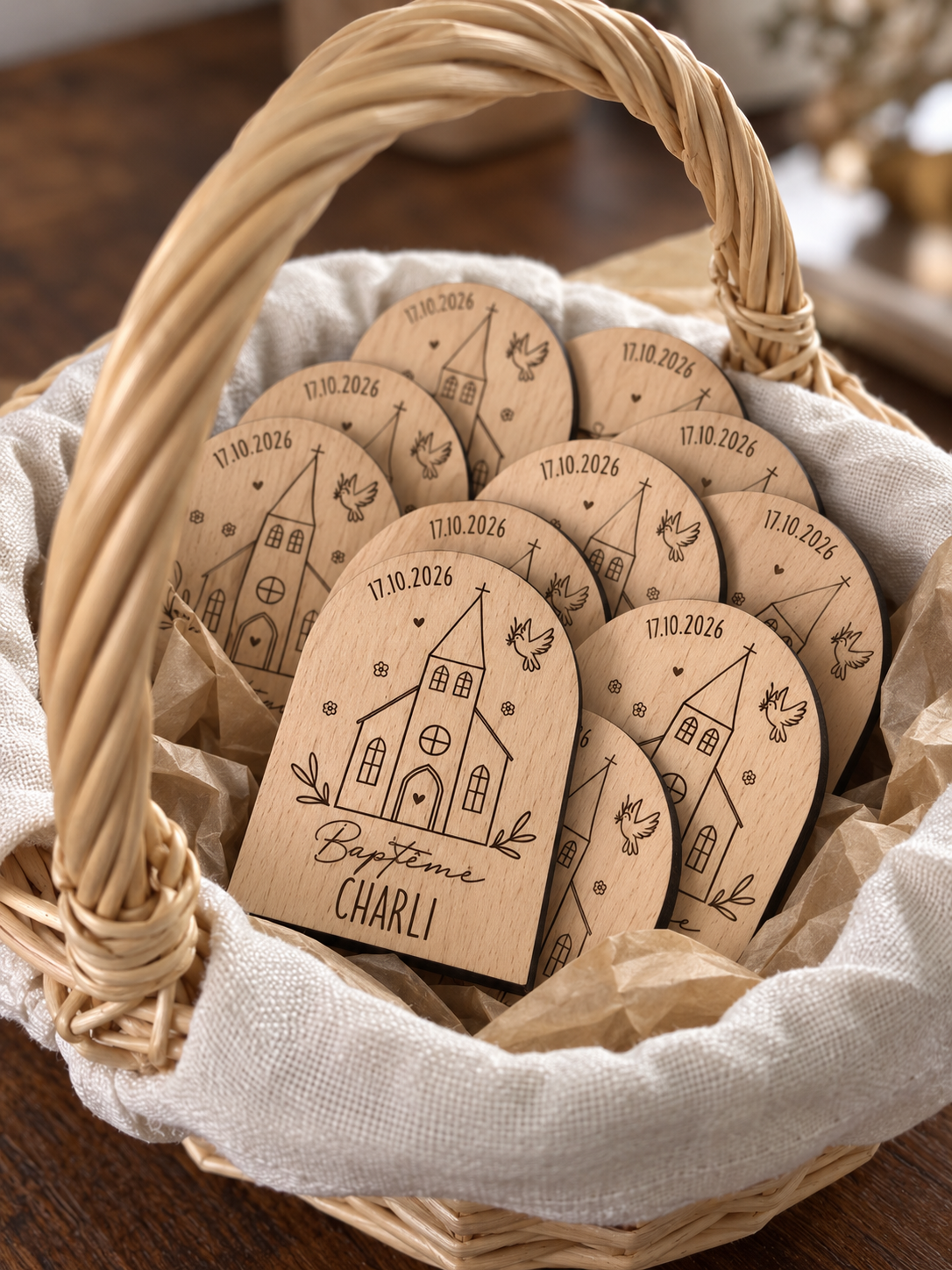 Magnet de baptême en bois personnalisé – Arche église & colombe