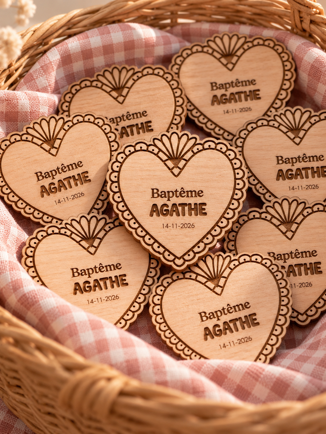 Magnet de baptême en bois personnalisé – Cœur dentelle - ex-voto Atelier MFK