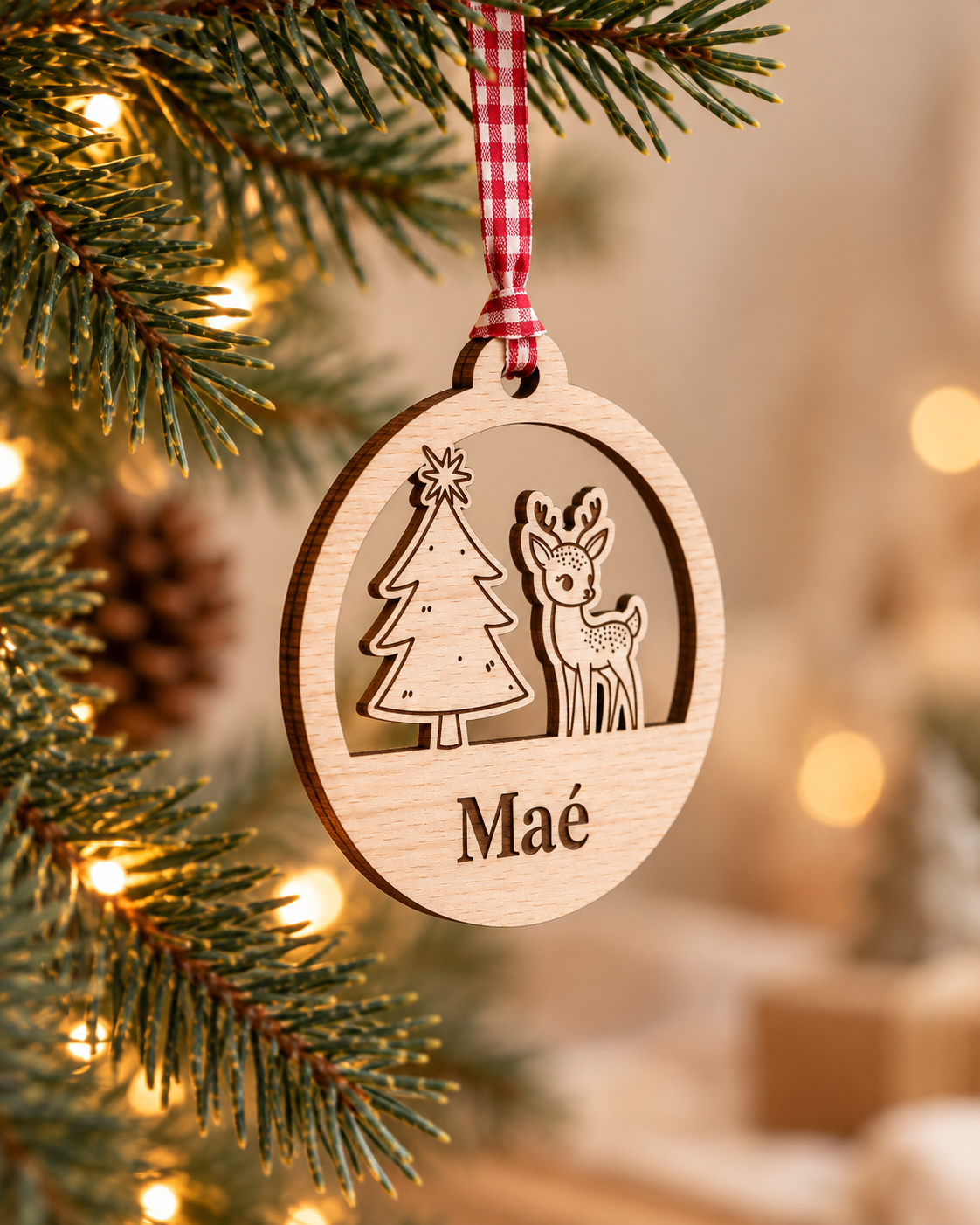 Boule de Noël Faon et Sapin Personnalisée – Prénom Gravé en Bois Atelier MFK