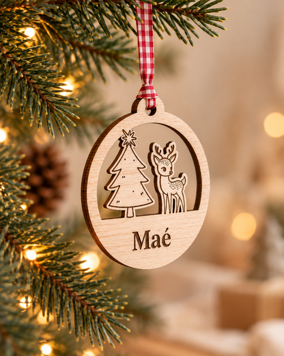 Boule de Noël Faon et Sapin Personnalisée – Prénom Gravé en Bois Atelier MFK