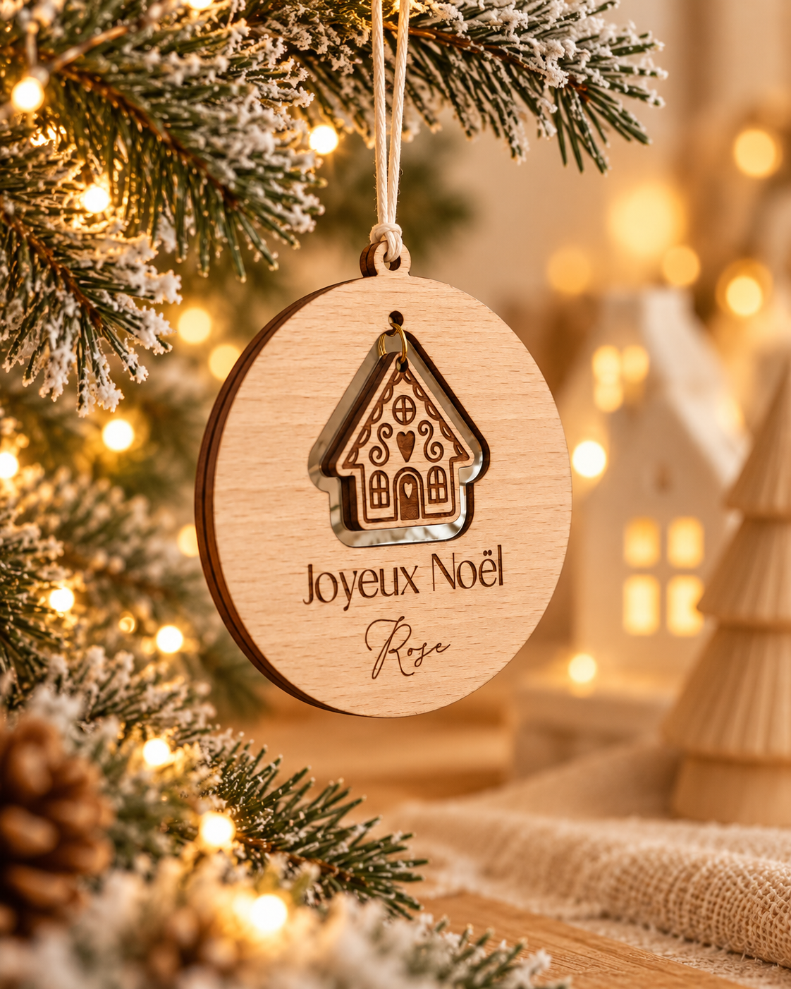 Boule de Noël Personnalisée "Maison" en Bois Gravé Prénom Atelier MFK