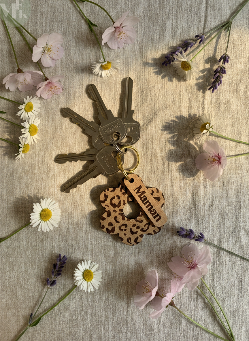 Porte clés fleur léopard en bois personnalisé Atelier MFK
