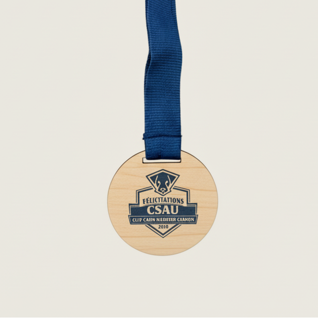 Médaille en bois publicitaire personnalisée Atelier MFK