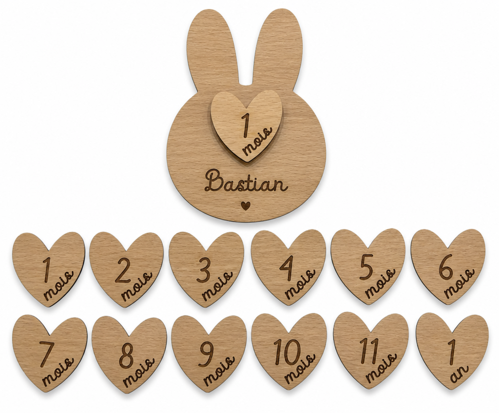 Cartes Étapes Bébé Lapin Personnalisées – 12 Mois en Bois Gravé Atelier MFK