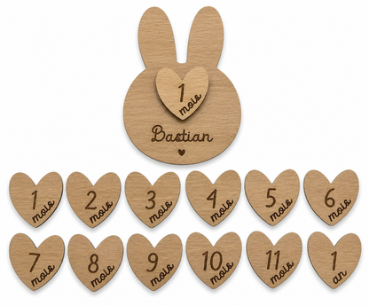 Cartes Étapes Bébé Lapin Personnalisées – 12 Mois en Bois Gravé Atelier MFK