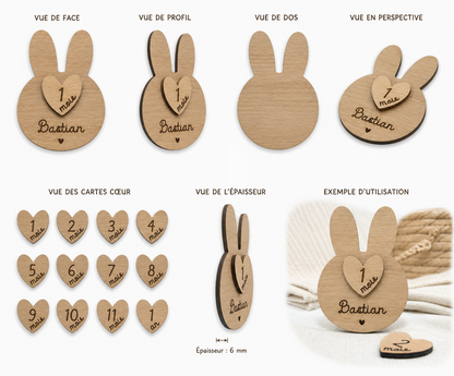 Cartes Étapes Bébé Lapin Personnalisées – 12 Mois en Bois Gravé Atelier MFK
