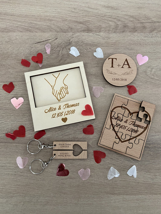 Box Saint Valentin à personnaliser gravé (Magnet, Porte clefs elle&lui, Puzzle, Cadre amour)