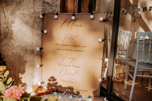 Panneau menu XL mariage en bois gravé