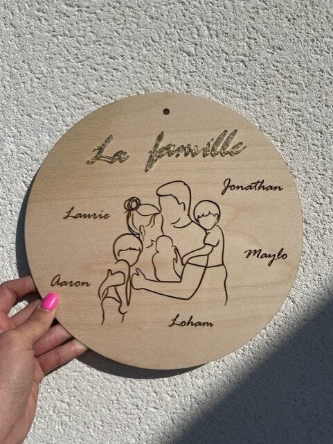 Pancarte famille en bois gravé et plexi or miroir