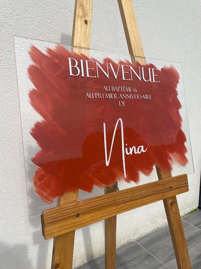 Panneau de bienvenue en plexiglas personnalisé, Fond de couleur au choix, Signalisation de mariage en acrylique,